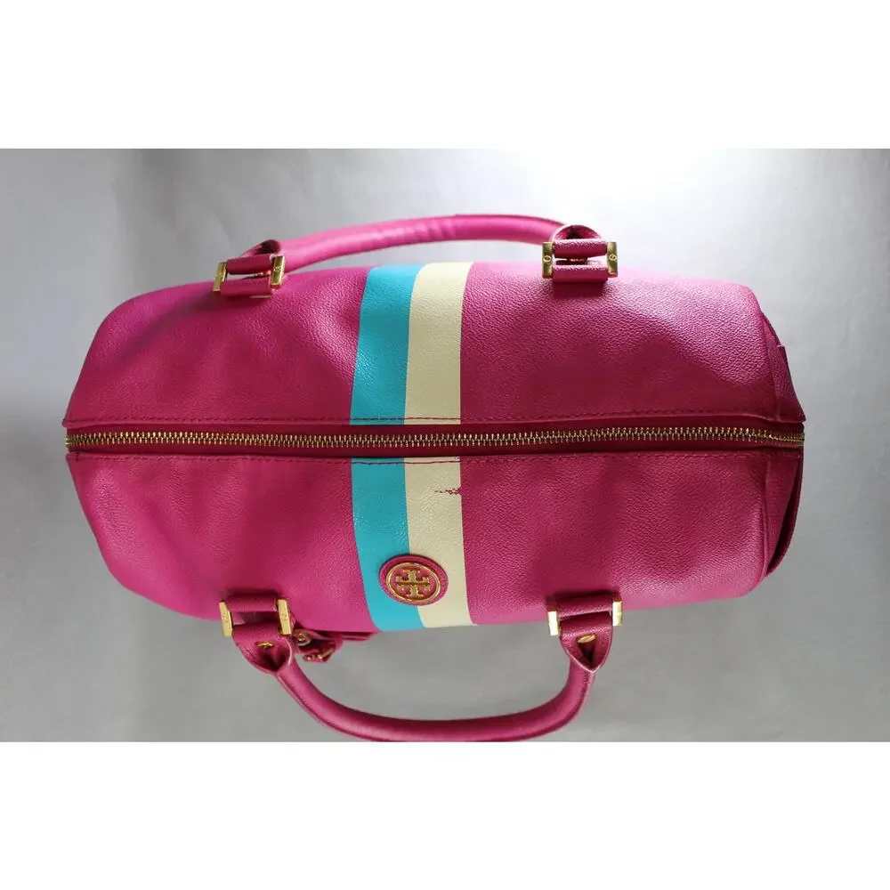 Tory Burch Pink Boston Satchel Stripe Bowler Handbag Womens